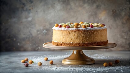 A delectable round cake adorned with colorful confectionery delights, elegantly presented on a rustic cake stand, sits on a textured surface, dusted with powdered sugar.