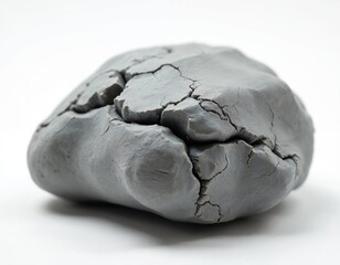 Obraz premium Grey modelling clay lump isolated on white background. Macro photo of cracked gray plasticine material. Imperfect cracked surface texture for sculpting, creative art and crafts, education projects.