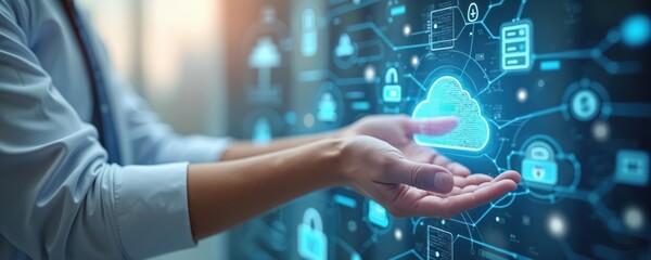 Hands present cloud computing technology. Cyber security network system for file document transfer and sharing. Digital big data analytics growth, financial concepts, online global web interface.