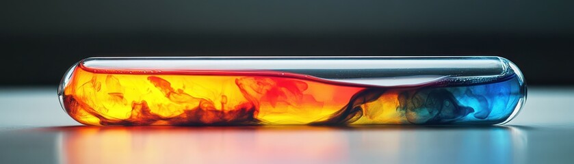 Naklejka premium A vibrant, brightly colored liquid swirls within a clear glass container, reflecting light beautifully. The container rests on a polished wooden table, enhancing its vivid hues.