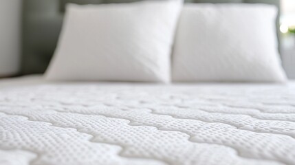 Obraz premium A serene bedroom scene featuring a neatly made bed with white pillows and a textured quilt, promoting relaxation and comfort.