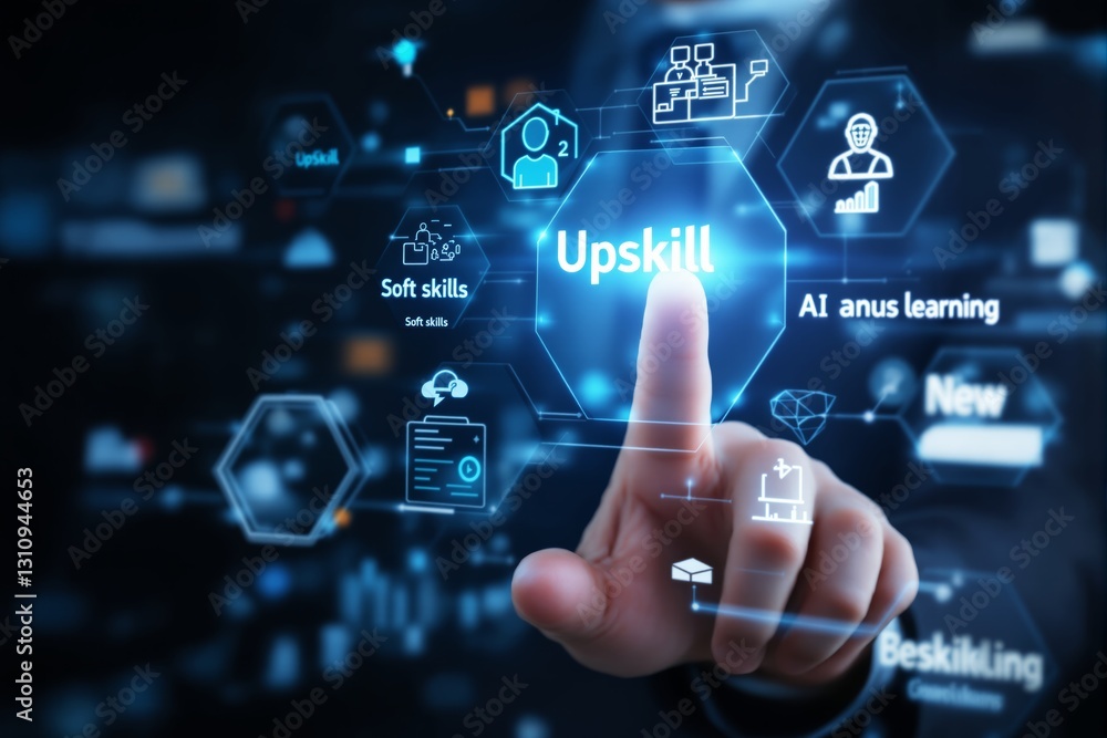 Poster digital upskilling concept with futuristic holographic interface.