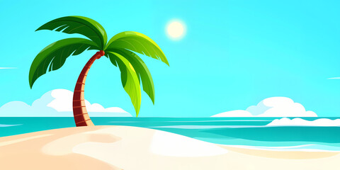 Obraz premium Tall palm tree standing on a sandy beach near a clear turquoise ocean under a sunny sky, symbolizing tropical vacations and relaxation.