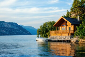 Naklejka premium Cozy Wooden Cabin by Tranquil Lake Under Clear Blue Sky