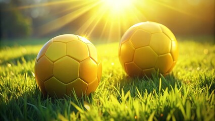 Fototapeta premium Golden hour glow illuminates two vibrant yellow soccer balls nestled in lush green grass, creating a captivating summer sports scene.