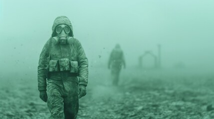 Naklejka premium Two figures in gas masks traverse a foggy, desolate landscape, evoking themes of survival and environmental caution.