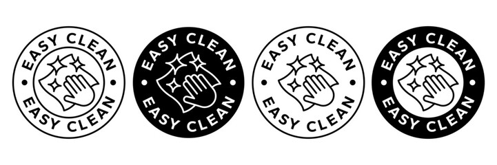 Easy clean icon set. Hand with napkin wiping a surface. Housekeeping symbol. Easy clean logo, label, badge, symbol, banner, circle, black, line, vector, isolated illustration. Cleaner service logo.