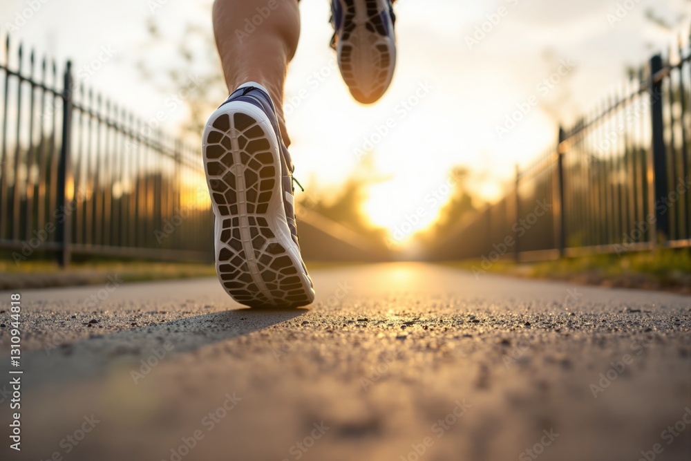 Poster close-up of running shoes on a sunlit path with blurred background.