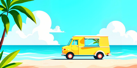 Yellow food truck parked on sandy beach near turquoise ocean waves under palm trees, symbolizing summer travel, vacation, and tropical street food.