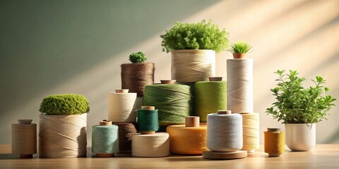 A collection of natural fiber spools arranged with potted plants in a sunlit space