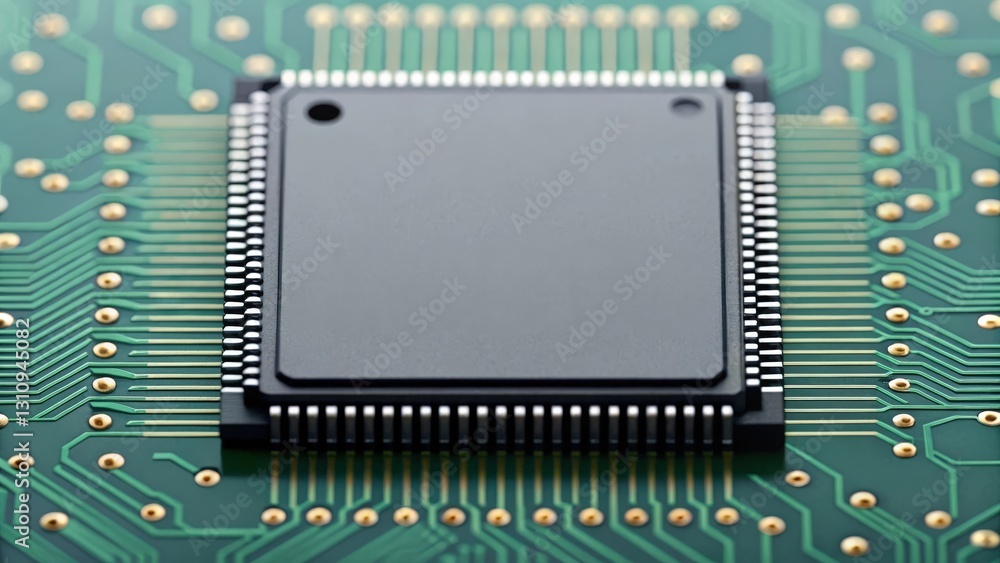Poster a close-up of a computer chip mounted on a circuit board, showcasing intricate details of modern tec