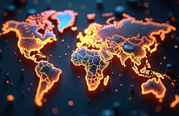 Global financial system vitality with glowing map of world. Financial flow, investment, transaction complexity. Network movement, wealth market, currency globalisation, stock trends, capital