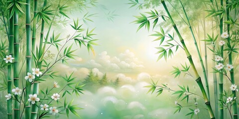 Fototapeta premium Serene Bamboo Forest Landscape Featuring Delicate White Blossoms and a Misty Mountain View