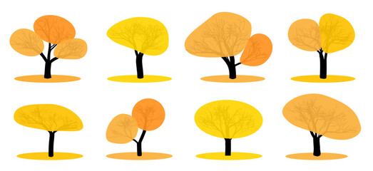 Multiple stylized trees in various shapes featuring bright yellow foliage and dark trunks on a white background