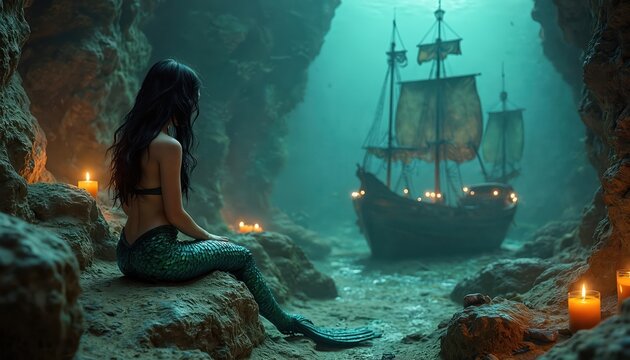 Mermaid sits on rock in sunken treasure cove with candles. Fantasy mythical creature with treasure chest, coins, gold watches sunken ship. Underwater ocean fairy tale in dreamy enchanted background.