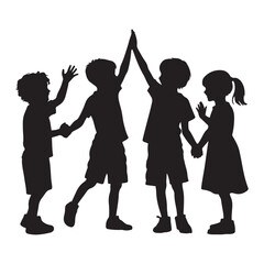 Silhouettes of children holding hands and a boy and a girl holding hands