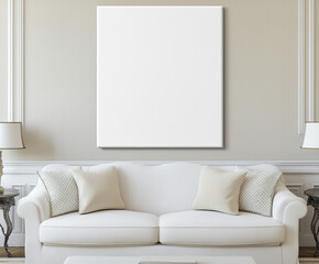 White vertical canvas mockup in an elegant living room with beige walls and a white sofa, showcasing the blank wall for design or artwork