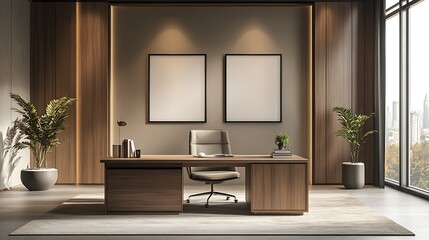 Modern home office with two blank picture frames on the wall above the desk, minimalist decor, neutral colors and wood accents, sleek design, 