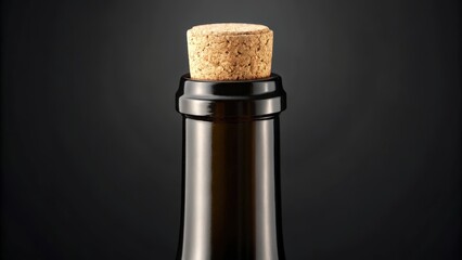 an eye-level close-up of a wine bottle's neck with a cork sealing the opening. The bottle is a dark brown color with a cork, set against a black background. 