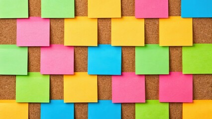 colorful sticky notes arranged in a grid pattern on a corkboard, showcasing a creative and organized workspace. These notes symbolize communication, reminders, and ideas