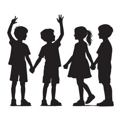 Silhouettes of children holding hands and a boy and a girl holding hands