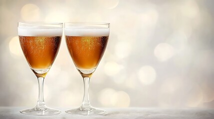 Two glasses of beer are on a table, one of which is almost empty