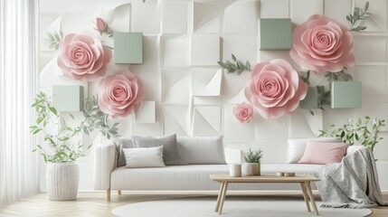 Living room with pastel roses wall decor