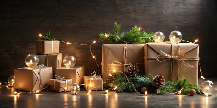 Rustic Christmas presents, adorned with twine and evergreen boughs, illuminated by warm string lights and glowing orbs, creating a cozy holiday ambiance.