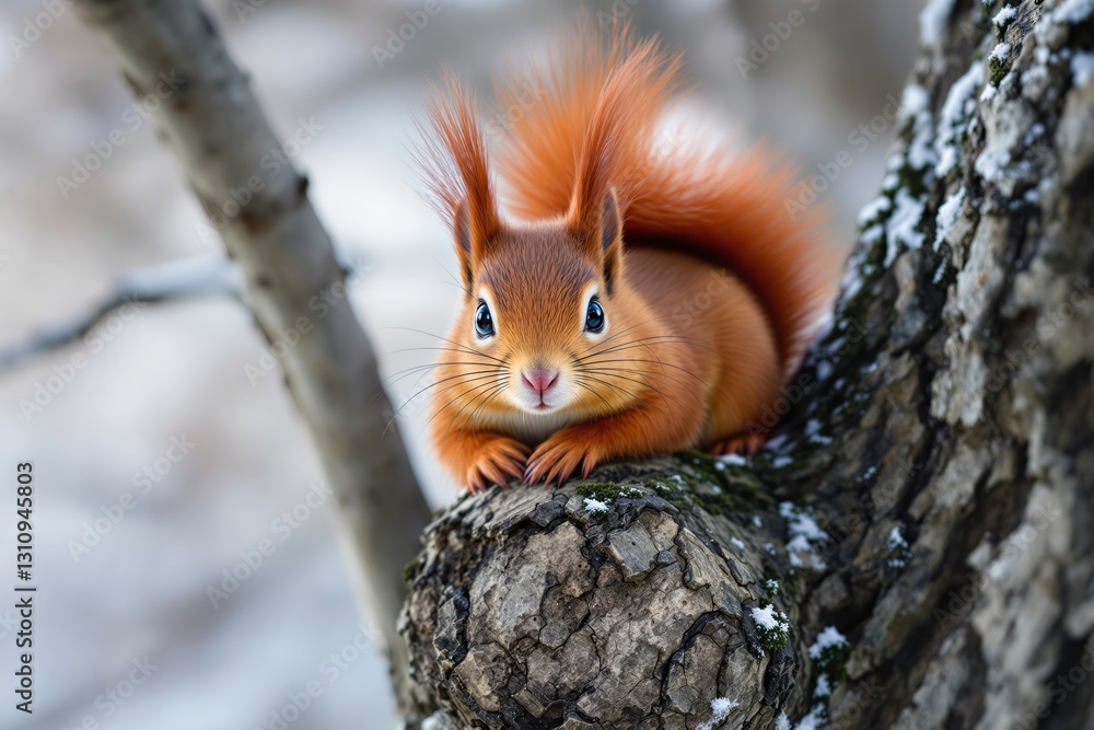 Poster red squirrel on a snowy tree branch.
