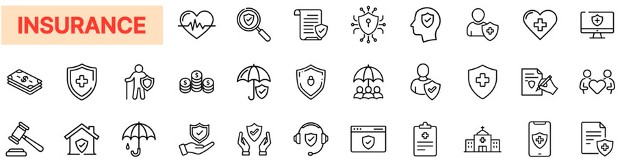 Comprehensive Insurance Icons – Health, Life, Property, Financial Protection, Risk Management, Security, Policy Coverage, Legal Safety, Investment Assurance