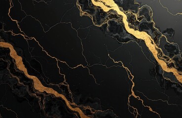 Luxury black marble background with gold veins pattern. Marbled texture with abstract fluid golden swirl and ripple lines. Modern elegant wallpaper design for decorative surface and wall art.