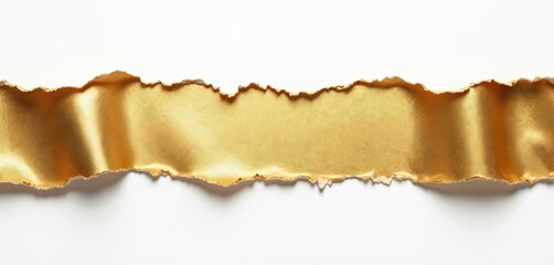 Torn shiny gold paper piece with frayed edges isolated on transparent background. Jagged, rugged design fragment with metallic surface, irregular classic layout, disrobed blank sheet. Aged note with
