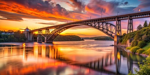 Serene Sunset Vista A Majestic Steel Arch Bridge Reflecting in Calm Waters Under a Fiery Sky