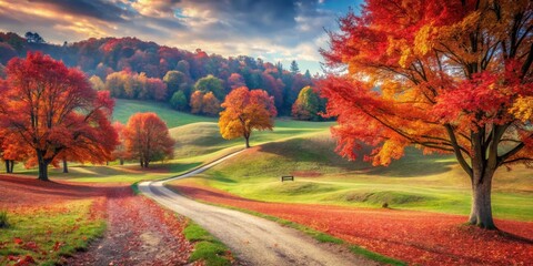 Fototapeta premium Autumnal Pathway Winding Through a Vibrant Landscape of Rolling Hills and Colorful Trees