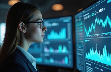 Portrait of woman expert in glasses looks at screen with financial data. Charts, graphs, stock market analysis. Innovation, tech concept. Businesswoman analyzes trade, economy, examines complexity,