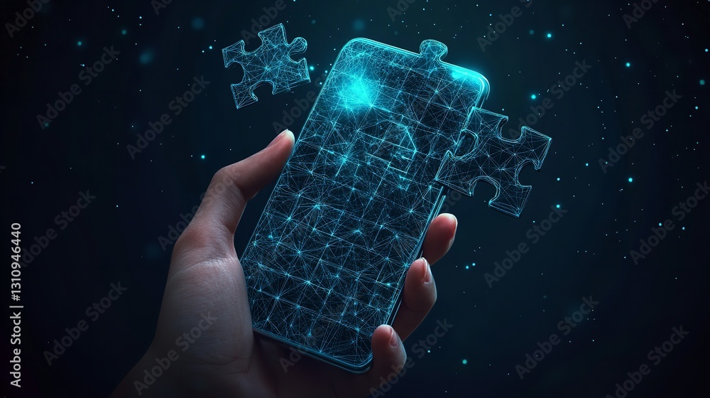 Poster abstract puzzle on smartphone in hand – solving puzzle with technology blue background