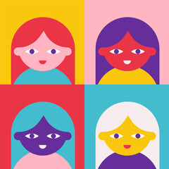Vector flat illustration. 4 cartoon female characters have different ethnicity as symbol of inclusion, diversity in education and job. Bright background - contrast element. Clipart avatar collection
