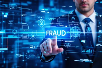 Businessman pointing at fraud concept on digital interface.