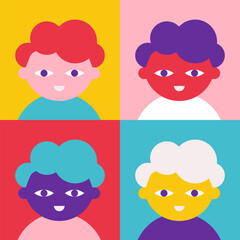 Vector flat illustration. 4 cartoon male characters with curly hair have different ethnicity as symbol of inclusion, diversity in education and job. Bright background. Clipart avatar collection