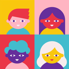Vector flat illustration. 4 cartoon children have different gender, ethnicity as symbol of inclusion, diversity in education and job. Bright background - contrast element. Clipart avatar collection