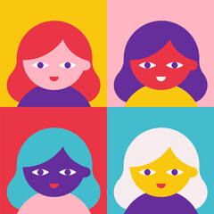 Vector pop art illustration. 4 cartoon female characters with wavy hair have different ethnicity as symbol of inclusion, diversity in education and job. Bright background. Clipart avatar collection
