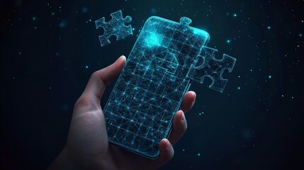 Abstract Puzzle on Smartphone in Hand – Solving Puzzle with Technology Blue Background