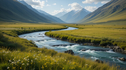 River meadows within a vast wilderness showcase a tranquil landscape where flowing rivers meet open meadows, surrounded by untamed natural beauty.