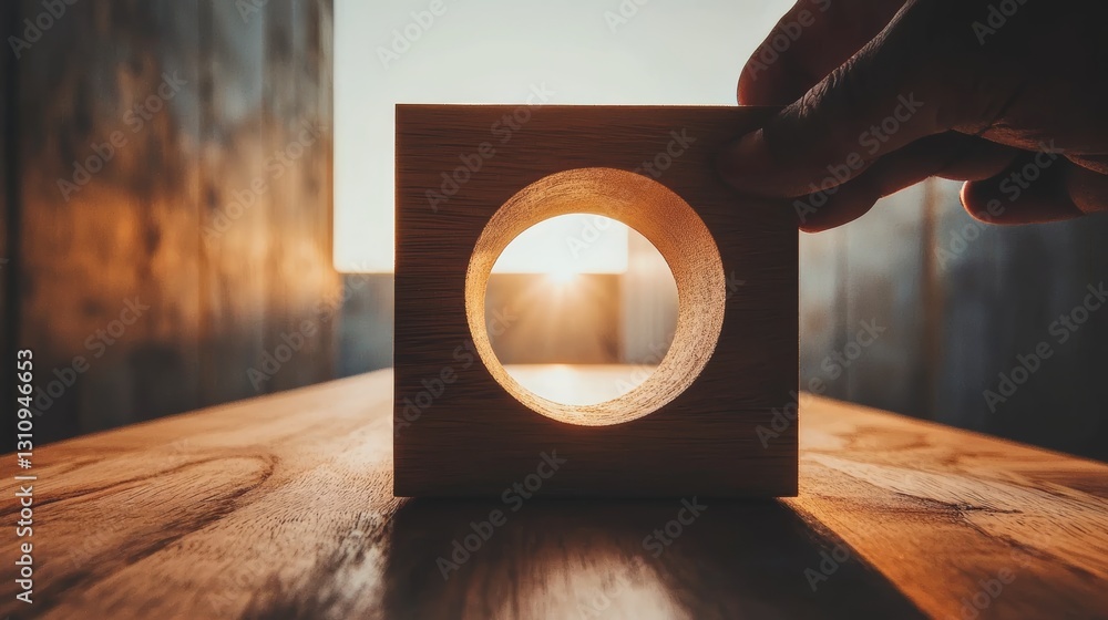 Poster a hand holds a wooden block with a circular cutout, framing soft light, creating an artistic play of