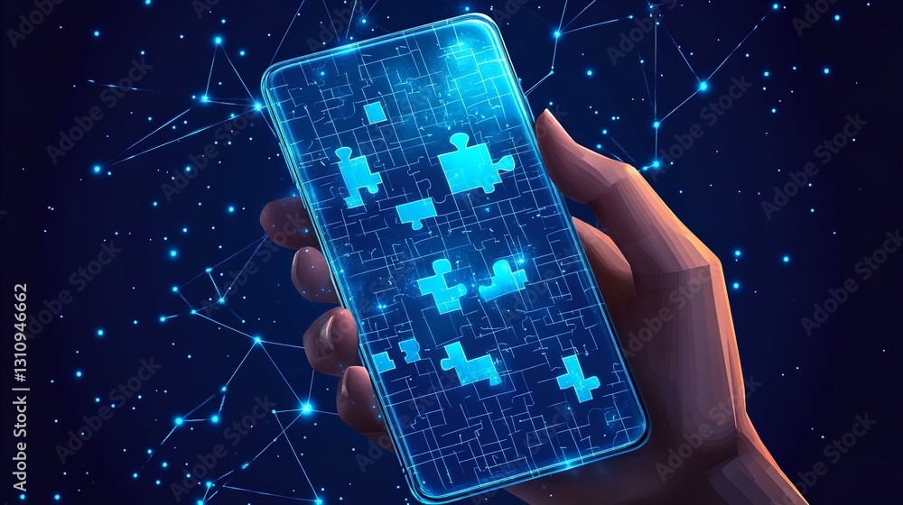 Aufkleber abstract puzzle on smartphone in hand – solving puzzle with technology blue background