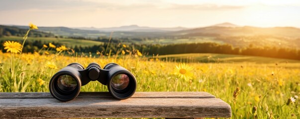 Pair of binoculars resting on a wooden bench, overlooking a sunlit valley dotted with wildflowers, poised for summer nature observation in a peaceful scenic spot