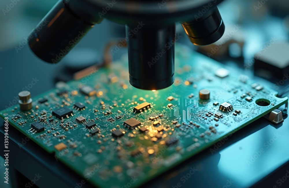 Leinwandbilder close-up of green circuit board under microscope in laboratory. used for electronics component analy