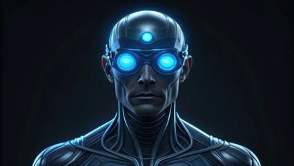 a futuristic man with glowing blue eyes and a third eye, wearing high-tech eyewear, represents science and technology. The person has a metallic appearance and a serious expression