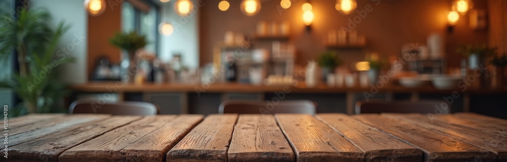 Poster rustic wooden table with blurred cafe lights background. vintage bar counter texture. empty surface 