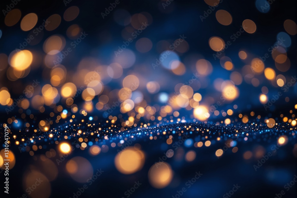 Poster abstract lights in golden and blue tones with bokeh effect on dark background.
